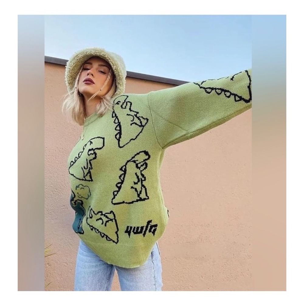 Aelfric Eden ywfa Dinosaur Oversized Knit Sweater Streetwear Graphic Pullover L